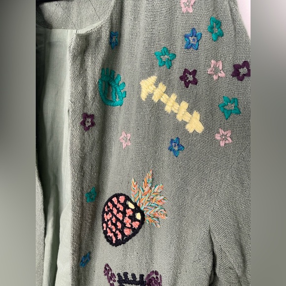 Condition Apply Anthropologie Green Gauze boho Embroidered Novelty Jacket L - Picture 2 of 10